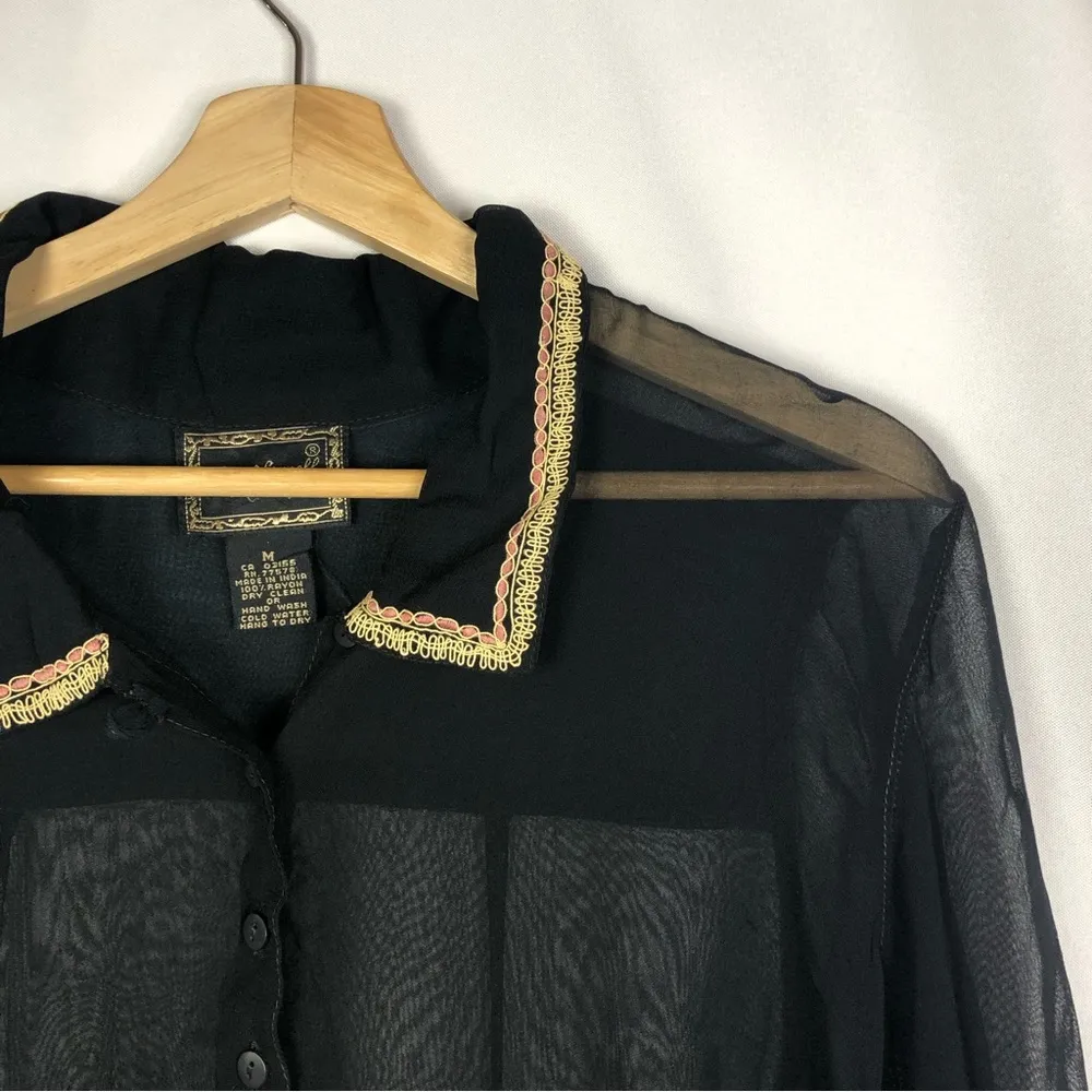 April Cornell Black Lace Collar Sheer Long Sleeve Button Down M Size M - Image 3