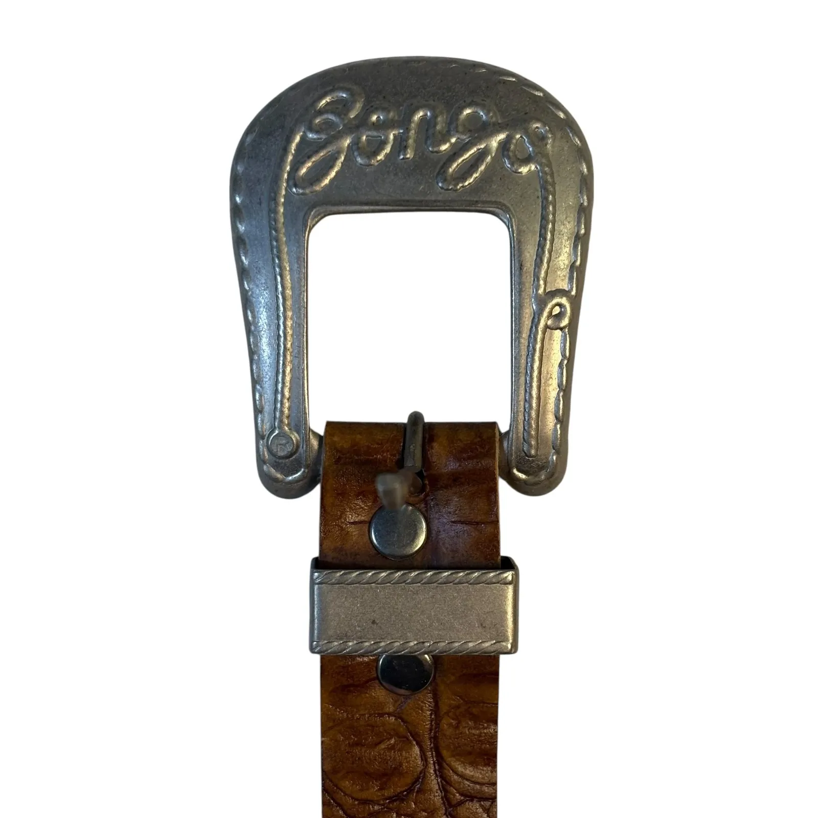 Bongo Western Belt Embossed Crocodile Pattern Silver Buckle Women's Size 29 Y2K Brown - Image 3