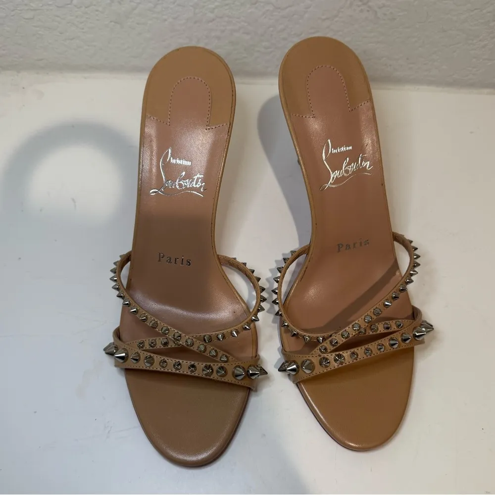 CHRISTIAN LOUBOUTIN Tatoosh Spikes 85 mm Blush Nude Mules Heels Sandals 37.5 - Image 4