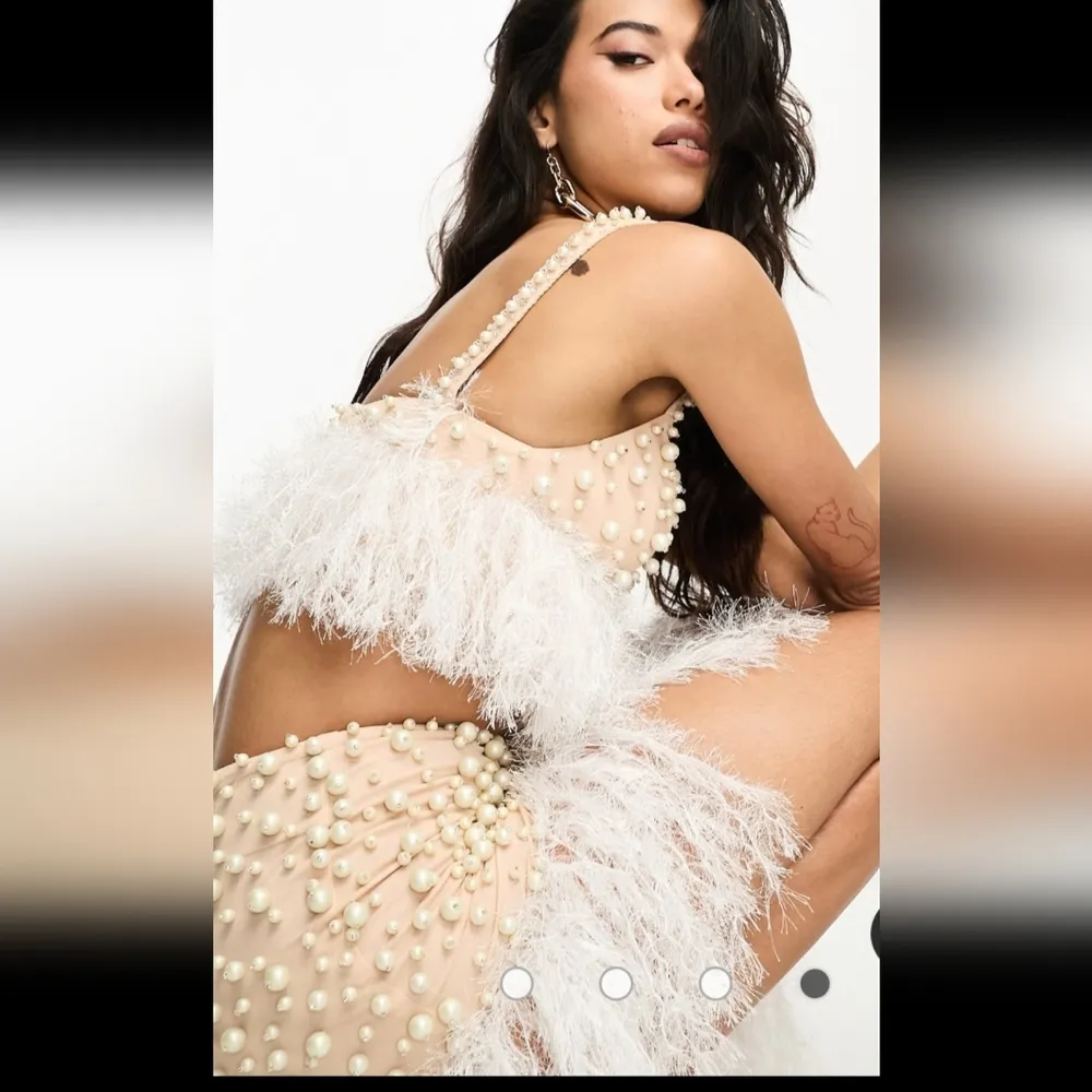 NWT ASOS LUXE pearl embellished asymmetric faux feather trim skirt in blushSize6 - Image 5