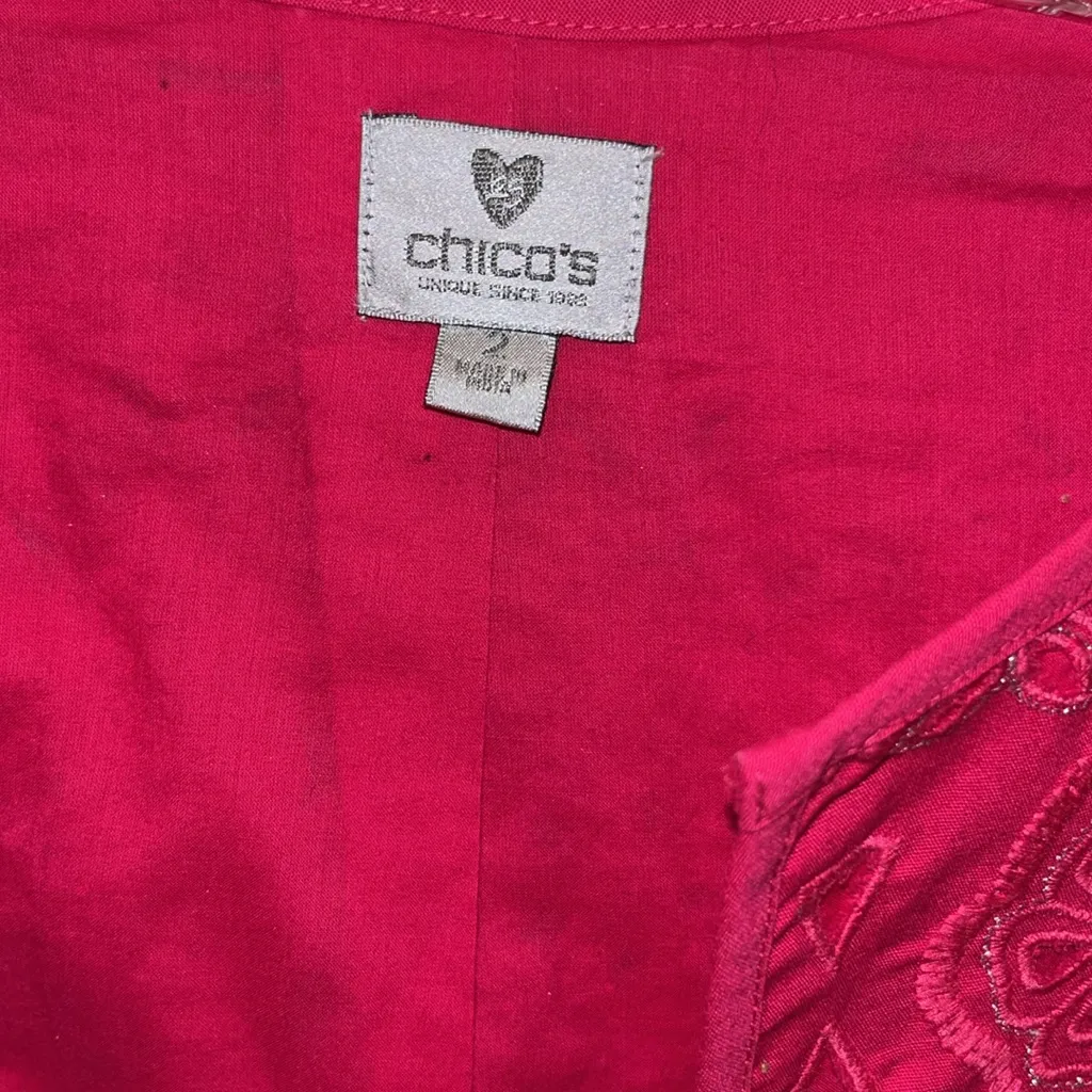 Chico's Vibrant Pink Embroidered Jacket Crocheted Flowers - Image 3