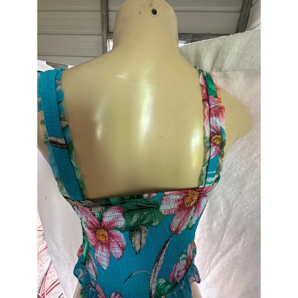 Express Smocked Tube Top Floral Print Ruffle Trim Sleeveless Blue Size S - Image 3