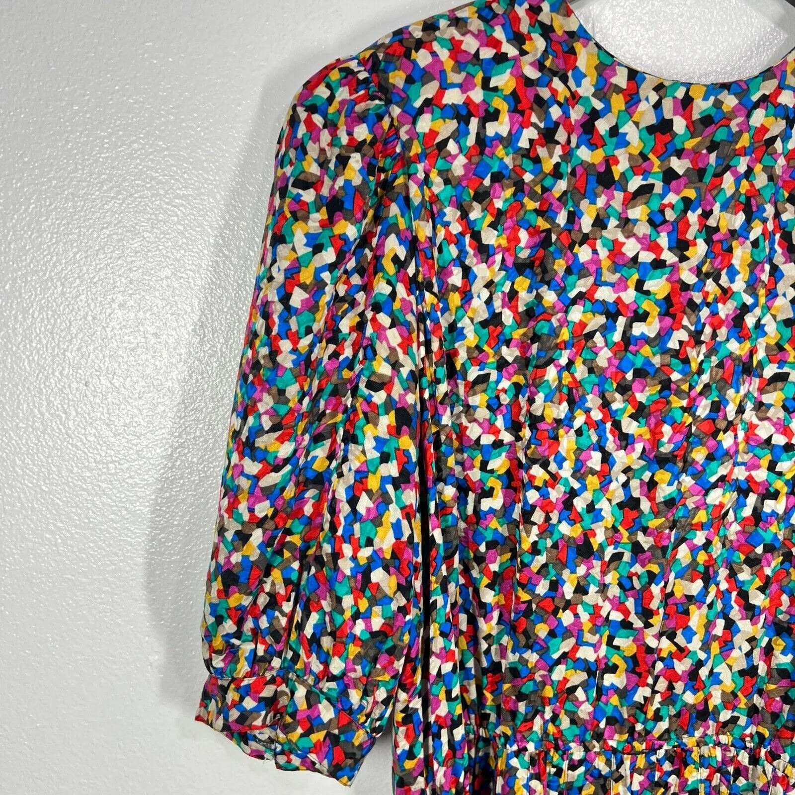 Vtg. Adrianna Papell 100%‎ Silk Midi Dress 14 Colorful Print Puff Sleeve Belted - Image 9