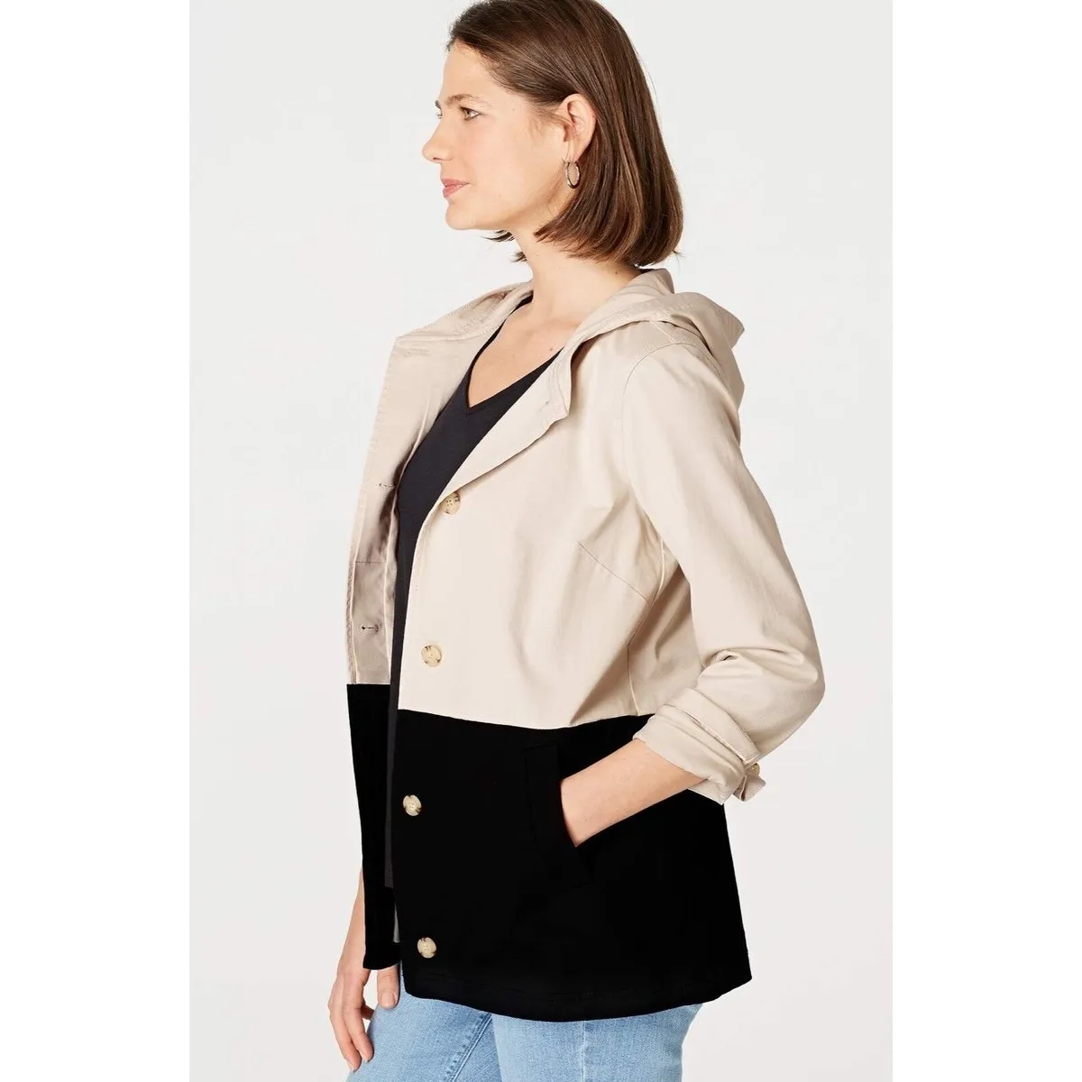 Women’s J. Jill Two Tone Hooded Jacket Sz S Tan and Black Color Block - Image 2