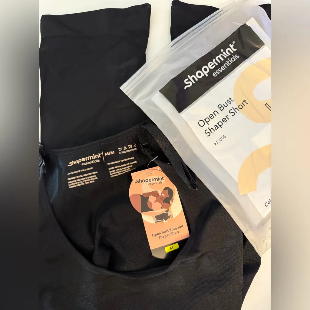 Shapermint Essentials Open Bust Bodysuit Shaper Shorts Med Black Shapewear NWT - Image 5