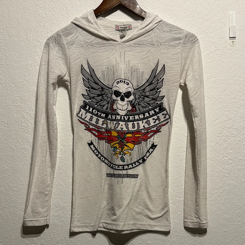 Classy JR Milwaukee Motorcycle Rally Hoodie Long Sleeve Skull Graphic Top S Bike Black - Image 5