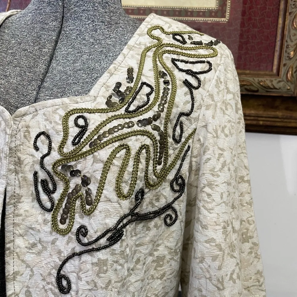 Coldwater Creek Beaded Scroll Embroidered Cream Open Ruched Jacket - Sz 10P 💚🎀 - Image 4