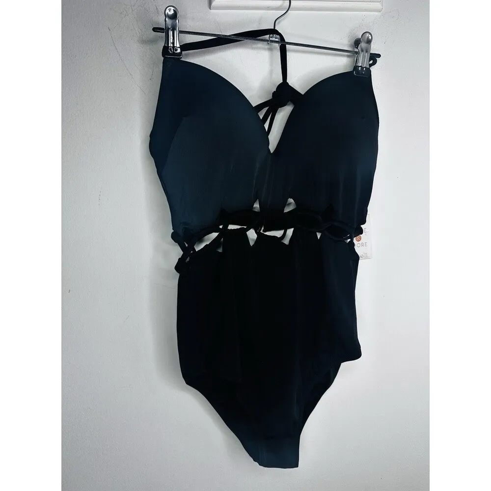 Shade & Shore Black plunge Halter One piece Swimsuit 34C NWT Peekaboo Woven Sexy - Image 7