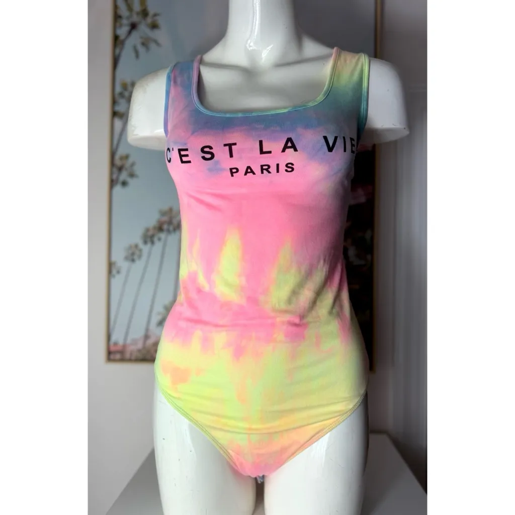 SHEIN C’est La Vie Sorbet Rainbow Tie Dye Bodysuit Tank Top Scoop Neck XL - Image 5