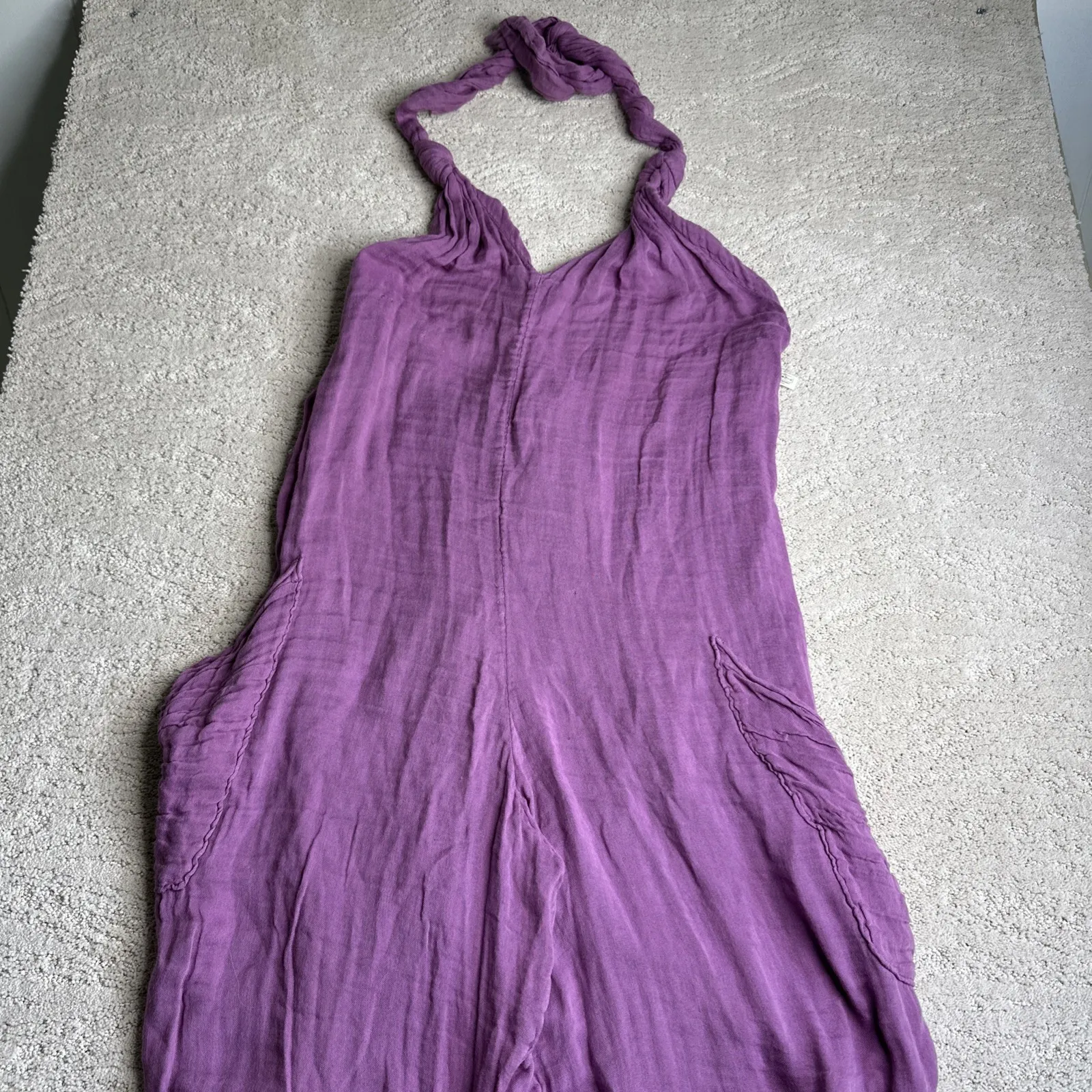 Free‎ People Knot It Up Low-Back Jumpsuit Large Halter Neck PURPLE NEW Boho - Image 2