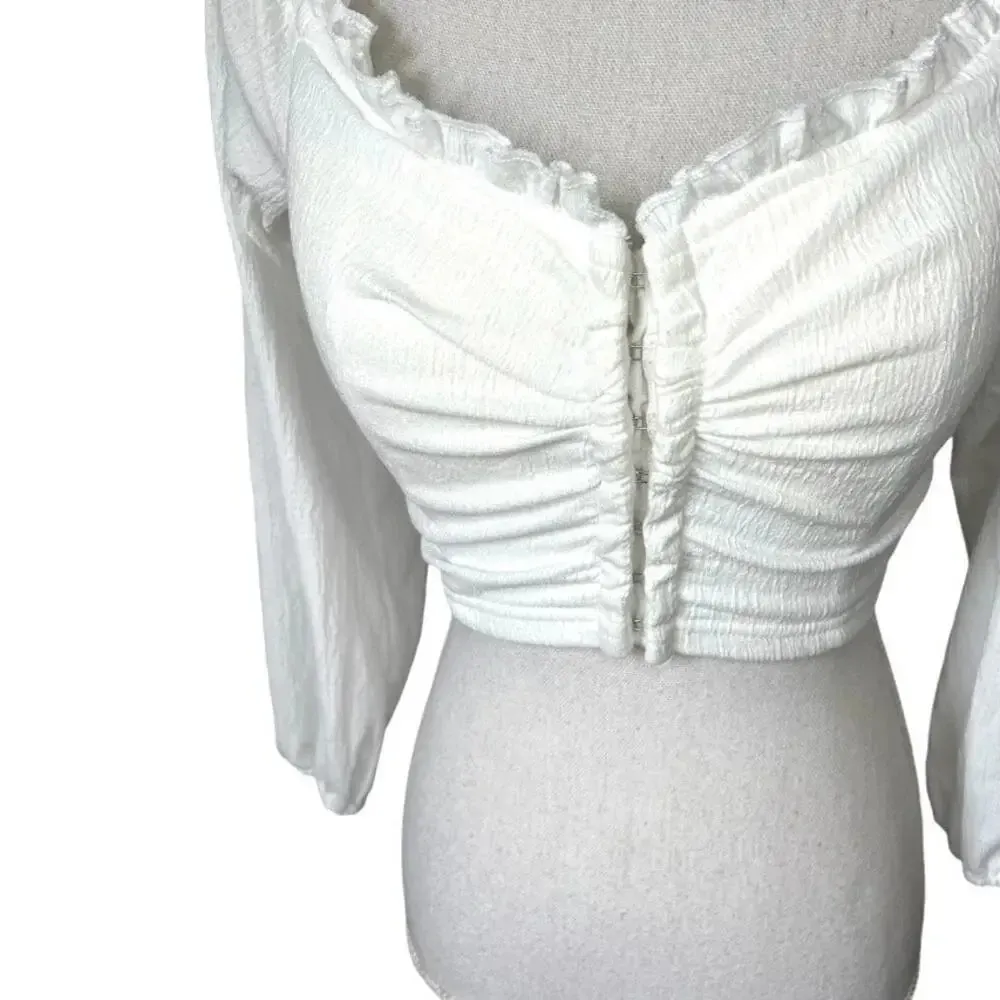 Paper moon white cropped smocked long sleeve blouse - Image 3
