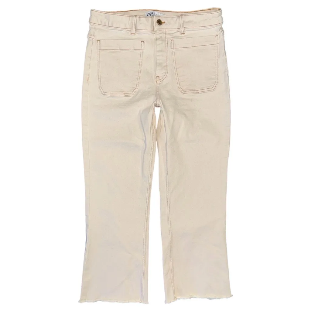 Zara High Waist Mini Flare Jeans Beige Cream Raw Hem 10 Preppy Boho Patch Pocket - Image 2