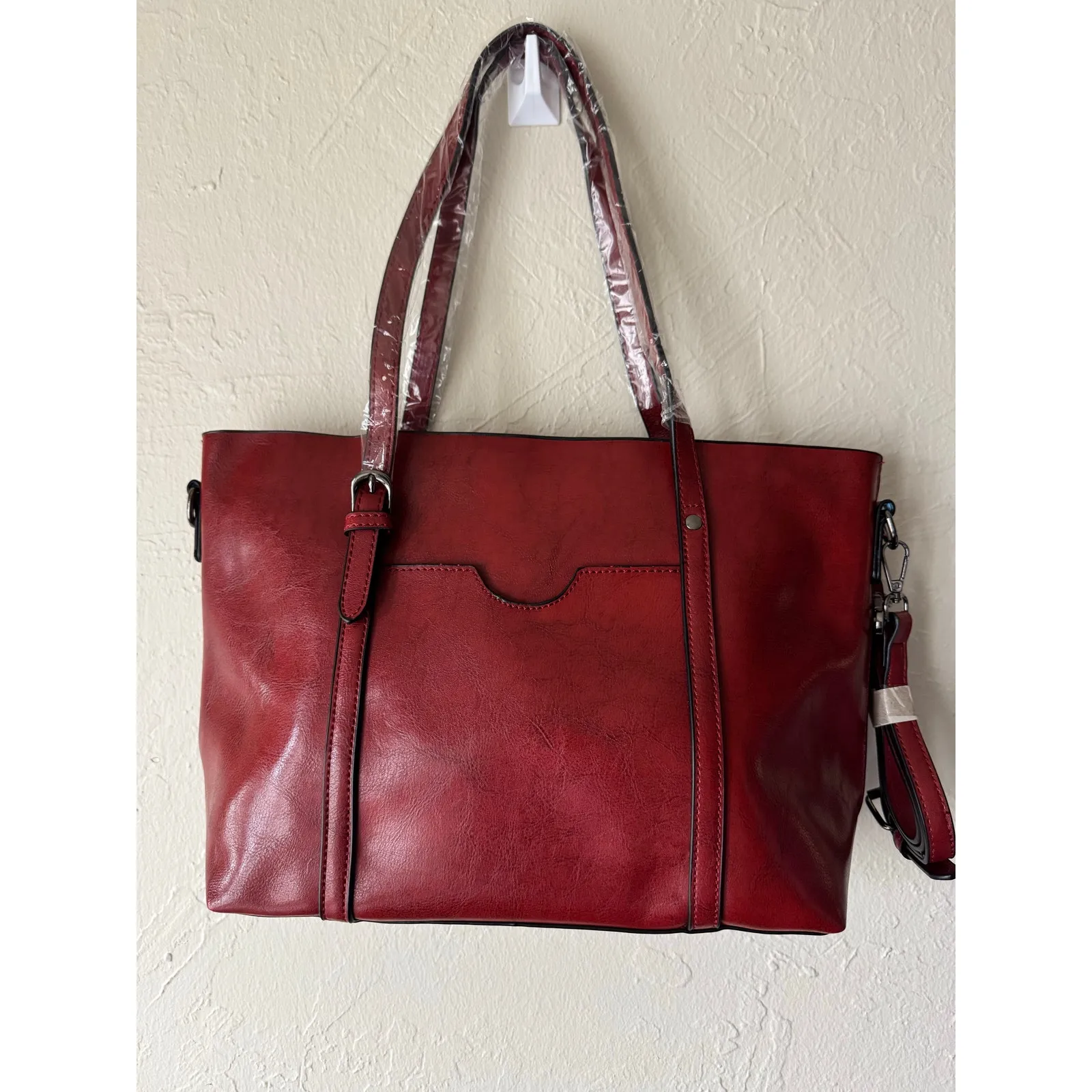 NWOT Elegant Faux Leather Tote with Removable Long Strap in Burgundy Red - Image 2