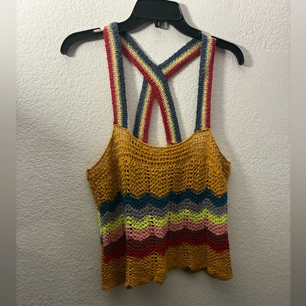 Free People Winding Road in Yellow Crochet Open Back Knit Tank Top M - Image 7