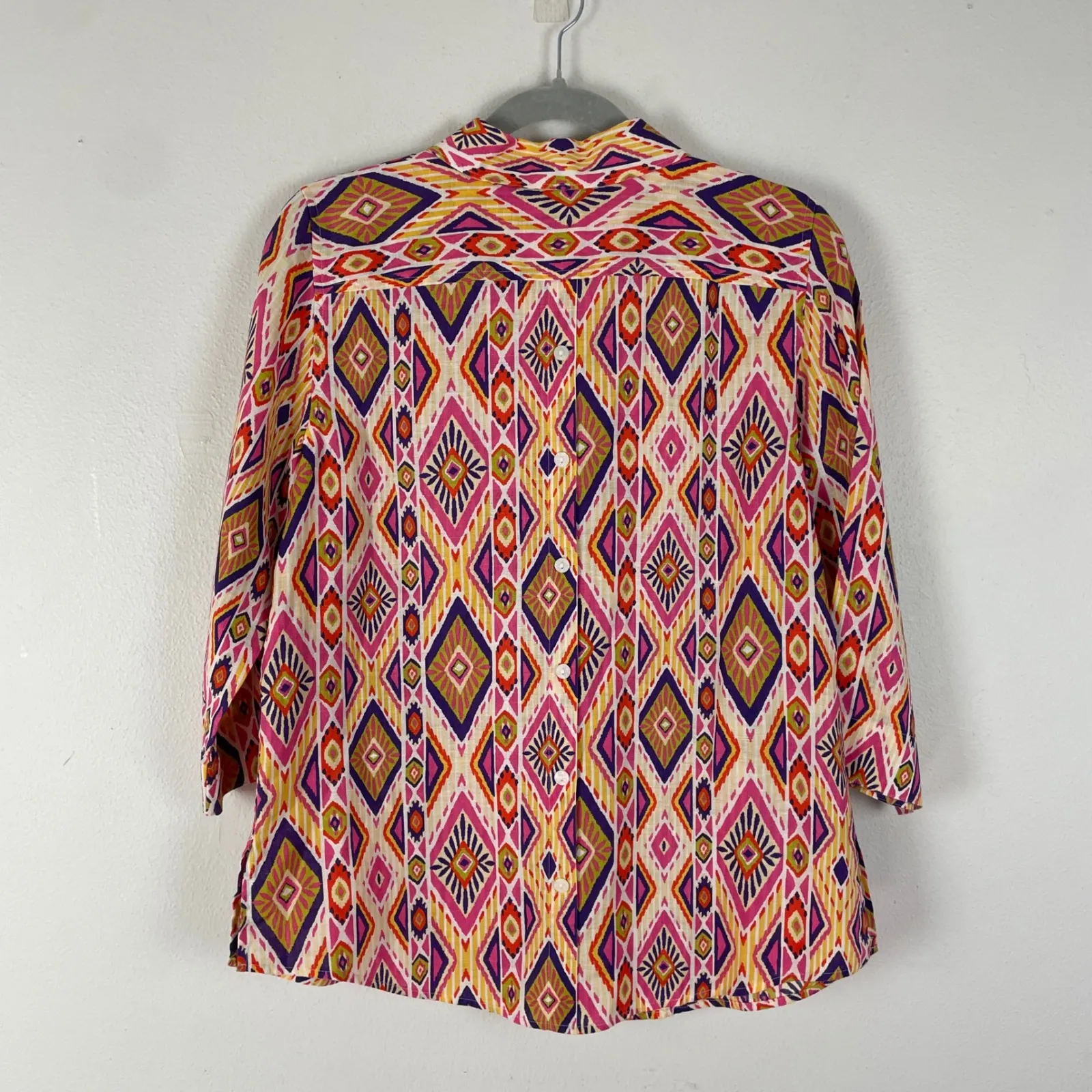 NWT Chico's No Iron Linen Shirt Size 0/ S Colorful‎ Diamond Print 3/4 Sleeve Top - Image 7