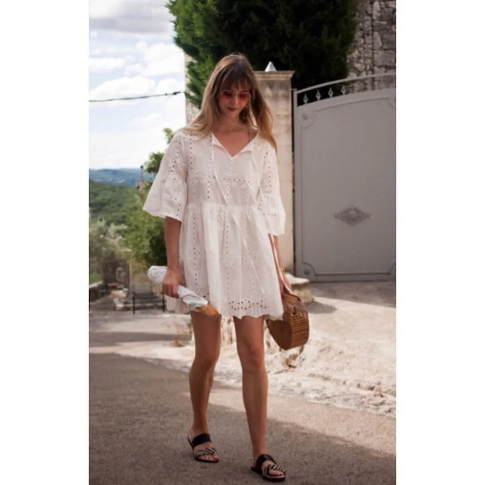✨Fluted Sleeve Eyelet Embroidered Smock Dress✨ White Size M - Image 2