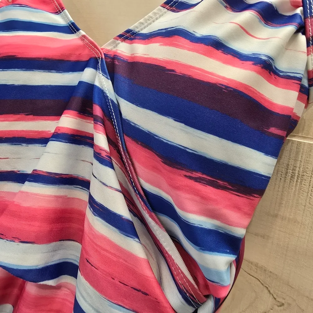 {M} Catherine Malandrino Striped Printed One Piece Swimsuit Pink Blue White - Image 6