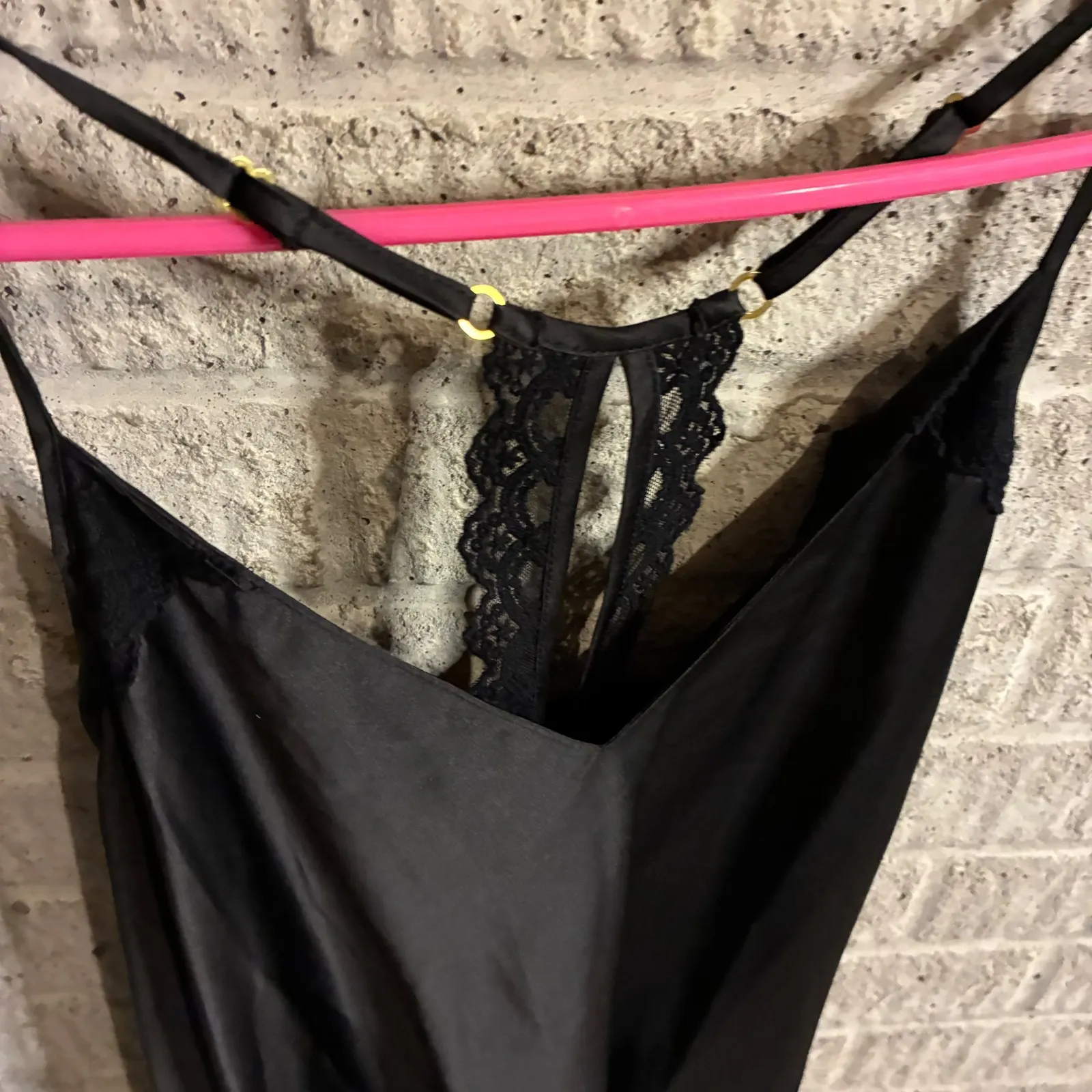Flora Nikrooz Black Lace Trim Cami Slip Dress Nightgown Lingerie Size M - Image 2