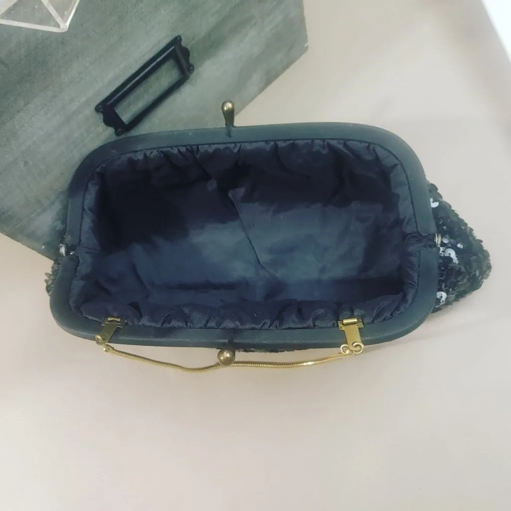 Small Black Sequin Evening Clutch Bag Kisslock Satin Spandex Gloves Set Vintage - Image 6
