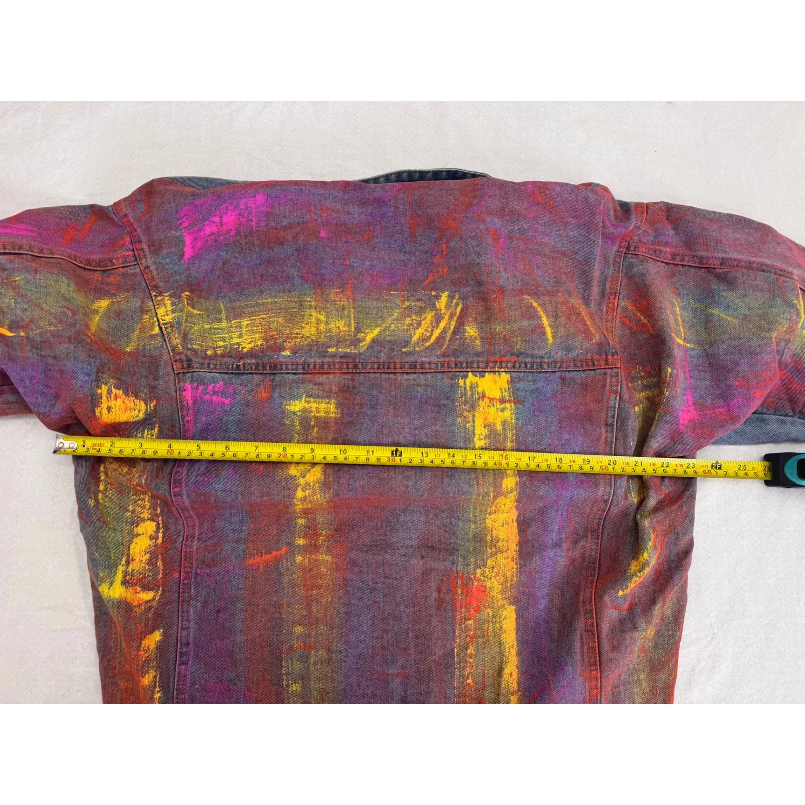 Denim Jacket Colorful Painted Teddy Bear Smiley Face Oversized L/XL Blue Size L - Image 7