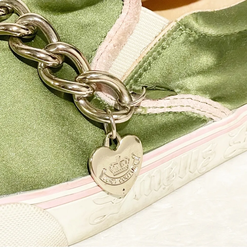 Juicy Couture  Size 10 Y2K Green Satin Chain Link Heart Charm Slip on Sneaker - Image 2