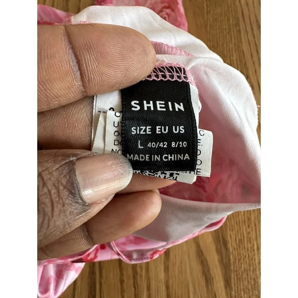 SHEIN Floral Print Knot Front Pink Crop Blouse Puffy Sleeve Size L Sheer Sleeve - Image 8