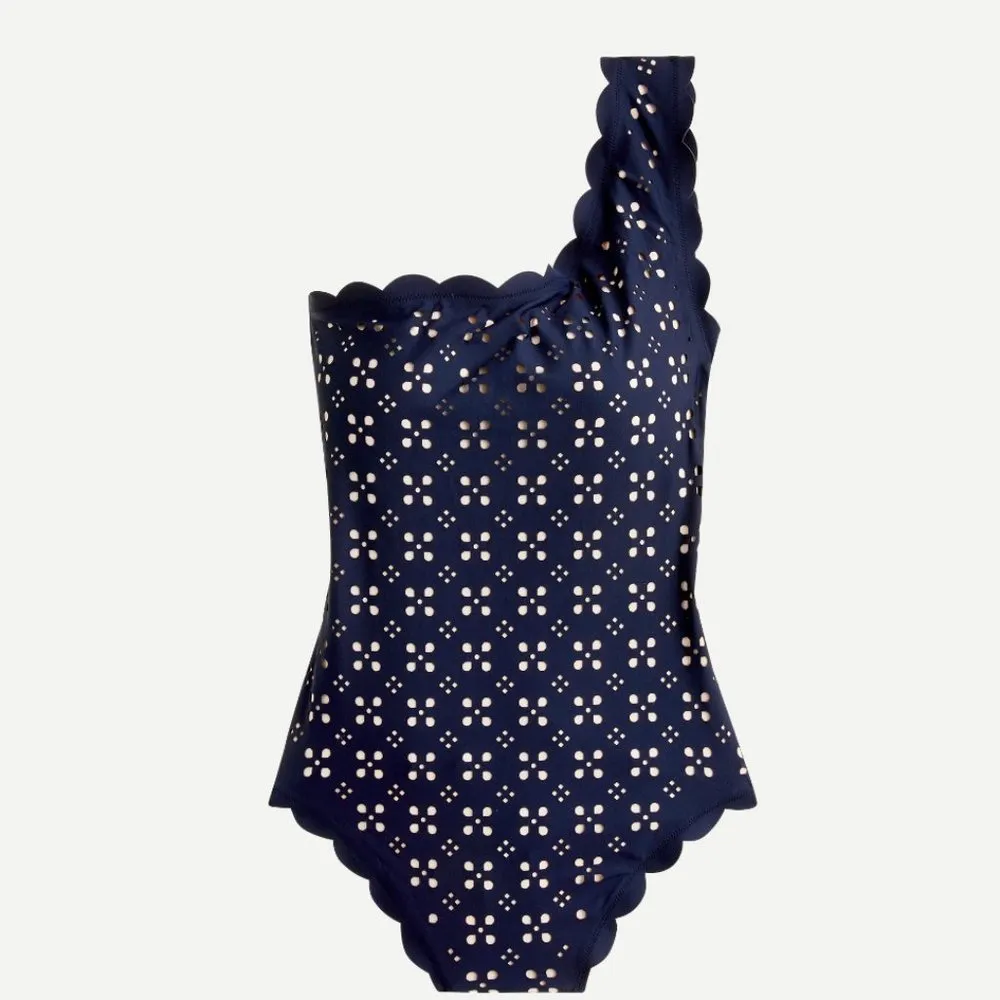 NWT  J.Crew Scalloped One Shoulder Swimsuit Laser Cut Eyelet Navy Blue 24 - Image 4