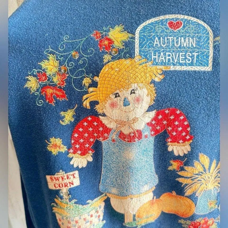 Vintage fall scarecrow sweatshirt made in USA 2X fall pumpkins cat see photos Blue Size XXL - Image 5