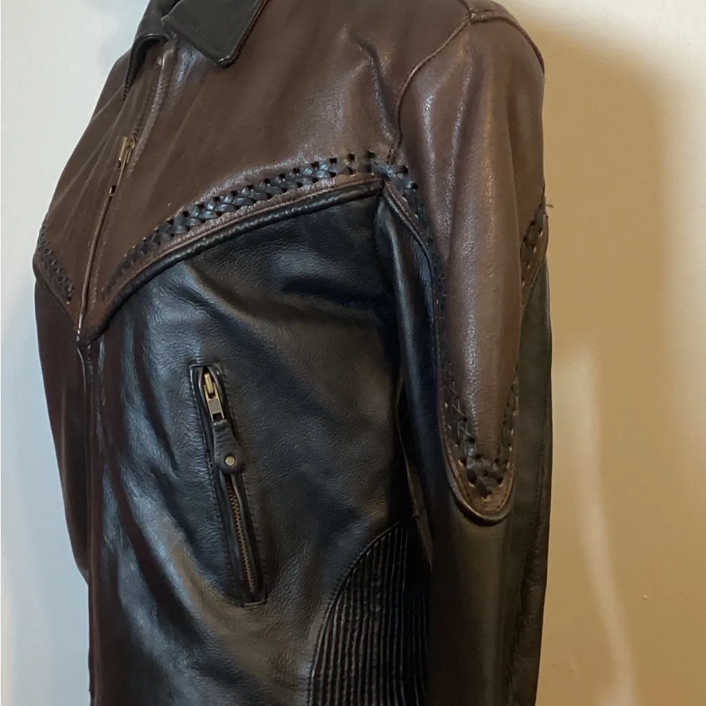 VINTAGE HEAVY LEATHER HIGHWAY LADIES RIDING JACKET BLACK/BROWN BRAIDED Size SM Black - Image 7