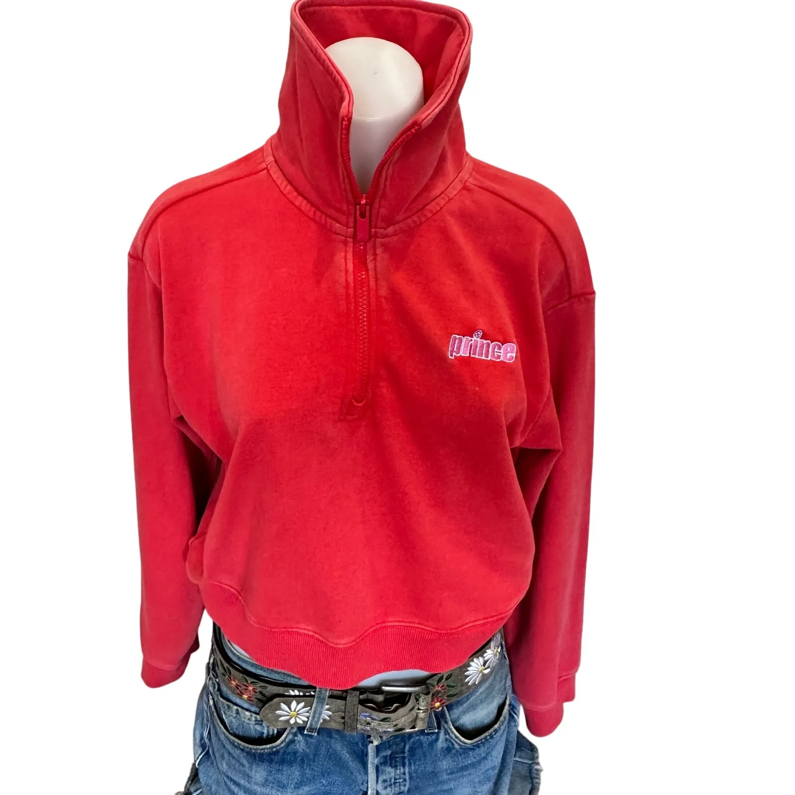 Prince Pickleball Sweatshirt Quarter Zip MEDIUM Logo Preppy Cropped Orange Retro - Image 3