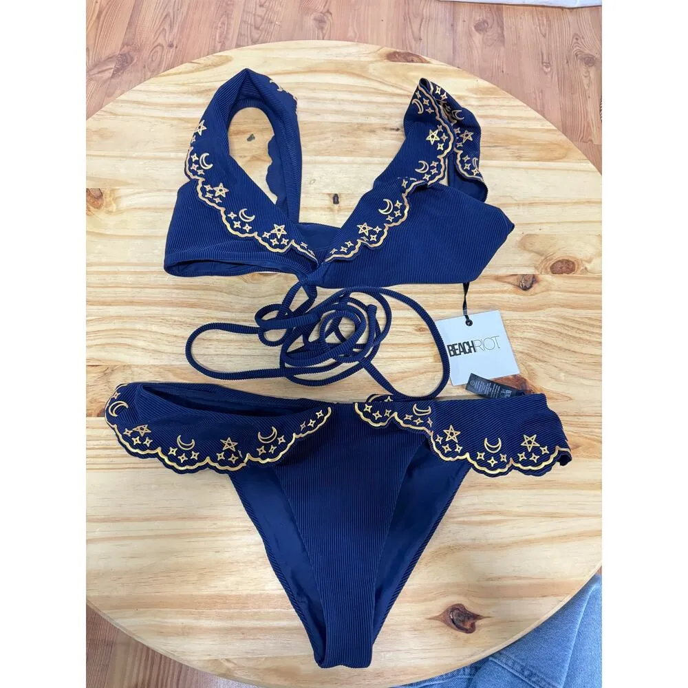 NWT Beach Riot Lauren Bikini Top & Chloe Bikini Bottom Set Navy Women's Size L - Image 4