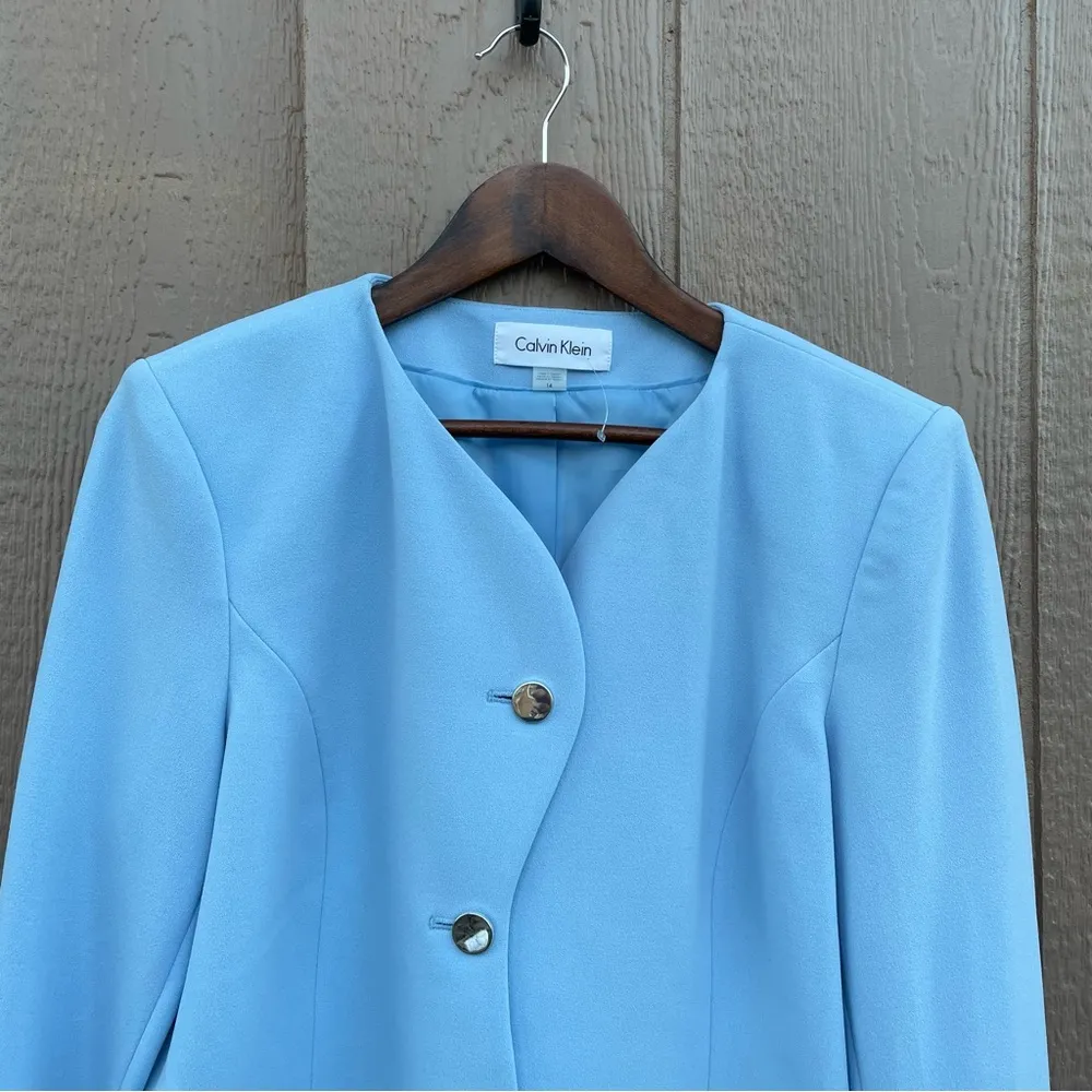Calvin Klein Womens Blazer Suit Jacket Light Blue Curved Edge Lined Size 14 - Image 4