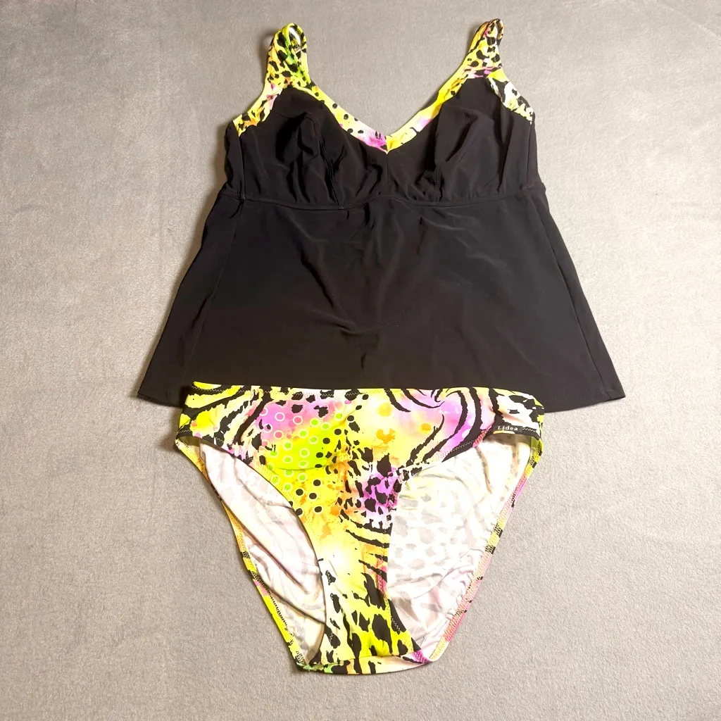 Lidea Tankini Swim Set Size 12‎ C Black Neon Animal Print Two Piece Resort Wear - Image 2