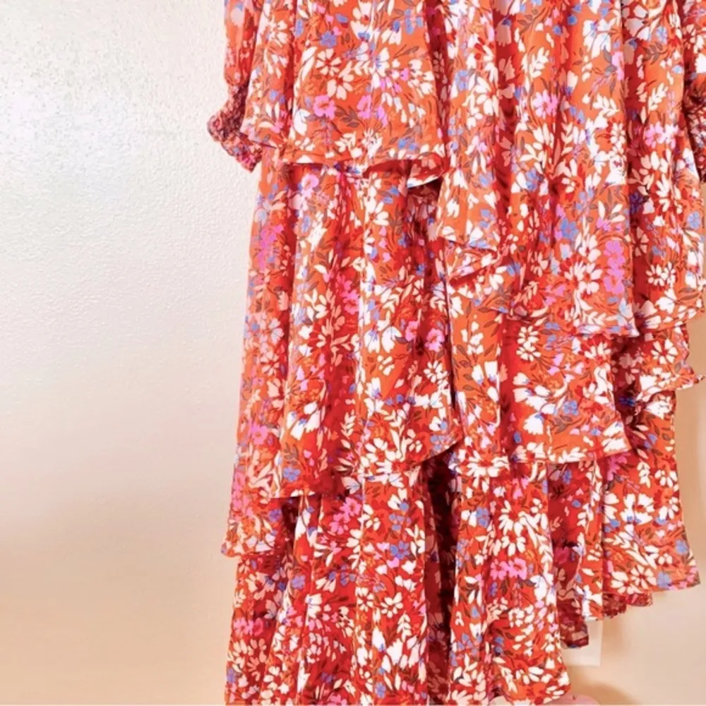 Arula Orange Red/Rust & Tan Multicolor Floral Smocked Long Sleeve Ruffled Dress. Red Size XL - Image 3