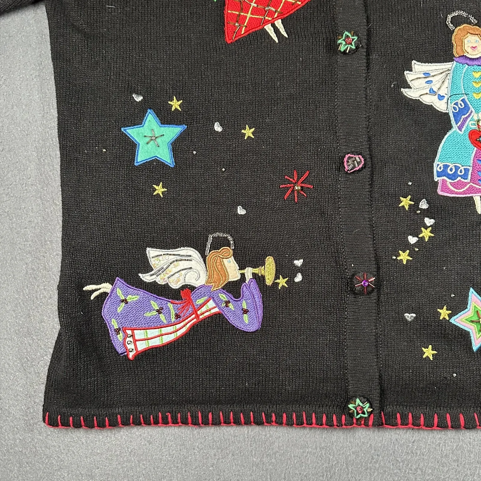 Vintage Quacker Factory Sweater Womens Large Angel Christmas Cardigan 2000s Black - Image 7