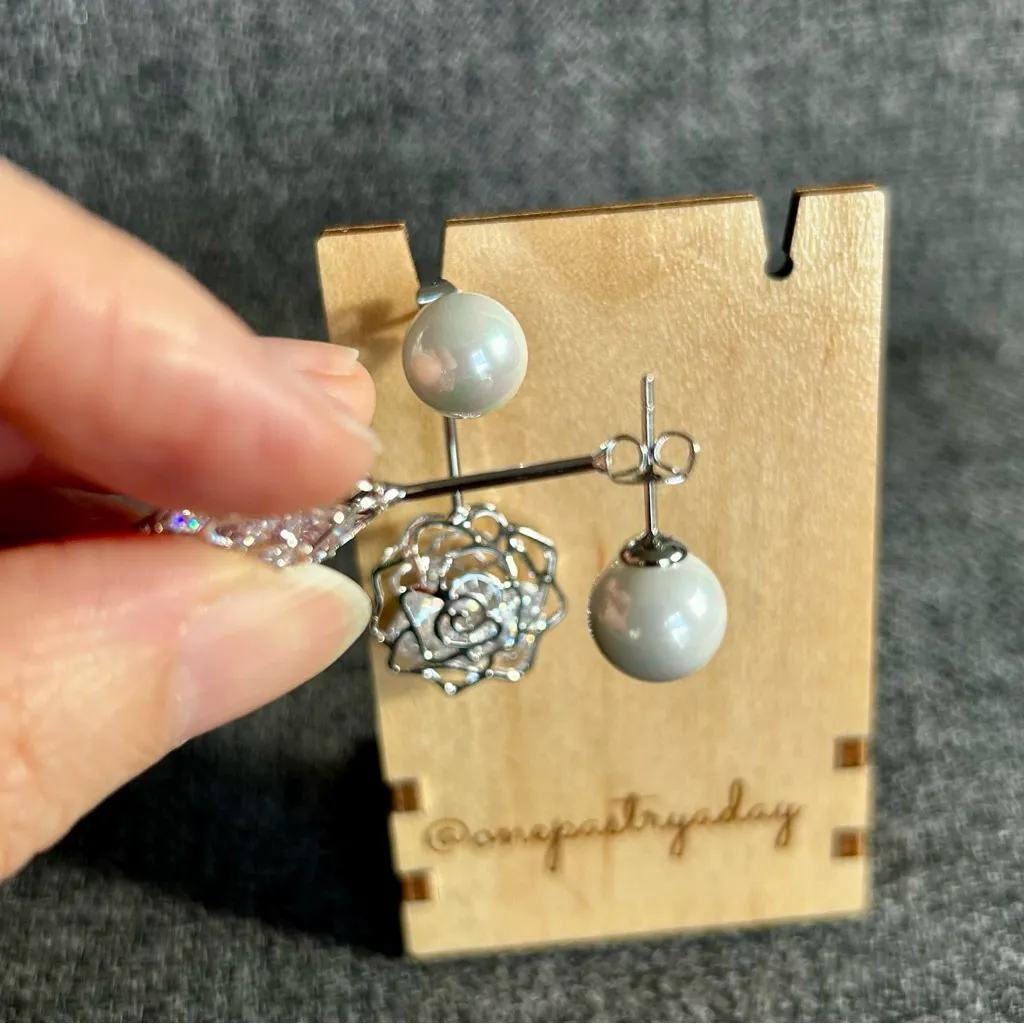 Sparkly, Rose Stud Drop Fashion Earrings, Silver, Pearl Silver - Image 5