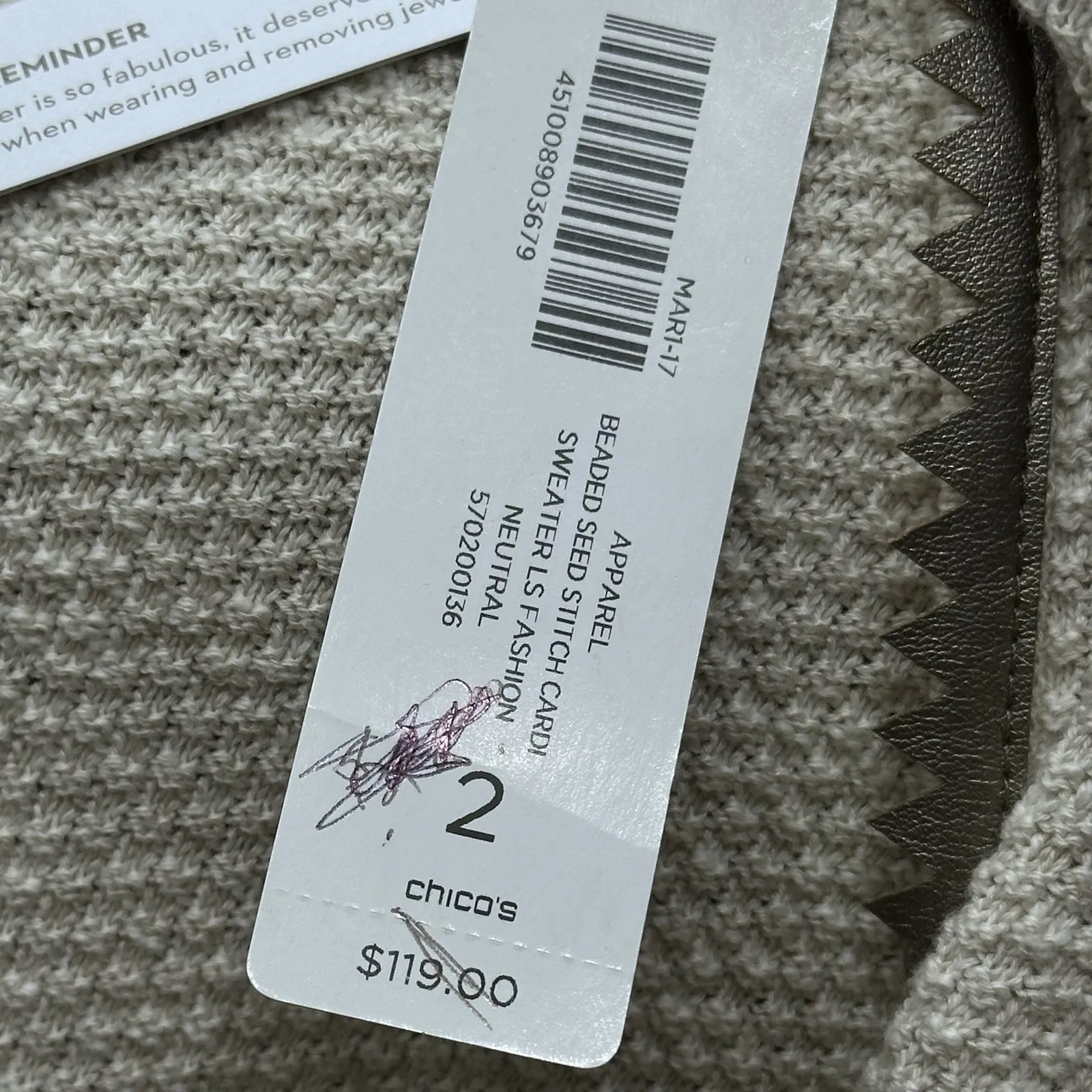 Chico's‎ Beaded Seed Stitch LS Cardigan Sweater, Beige, Sz. 2 (L 12/14) NWT $119 - Image 8