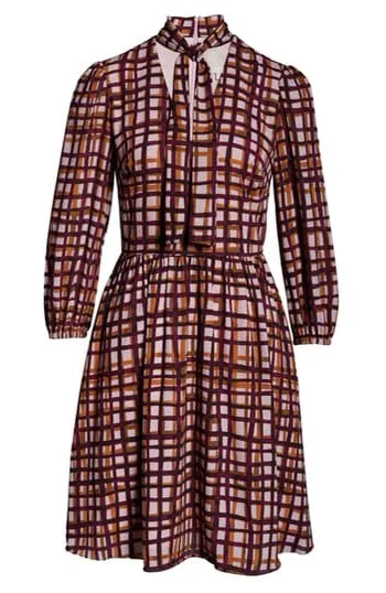 | Lindsey Painted Windowpane Tie Neck Dress | 00 - Image 3