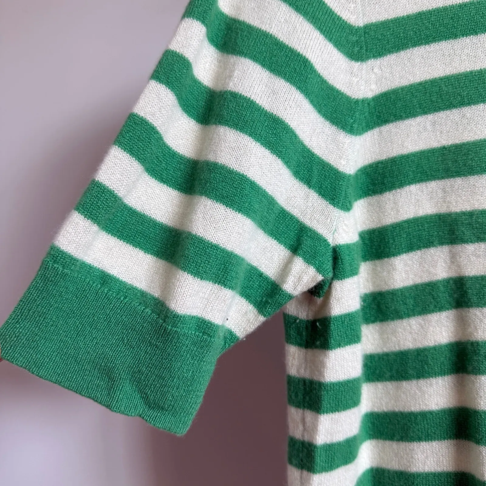 Outerknown 100%‎ Cashmere Striped Sweater Top Green Cream Short Sleeve Womens M - Image 4