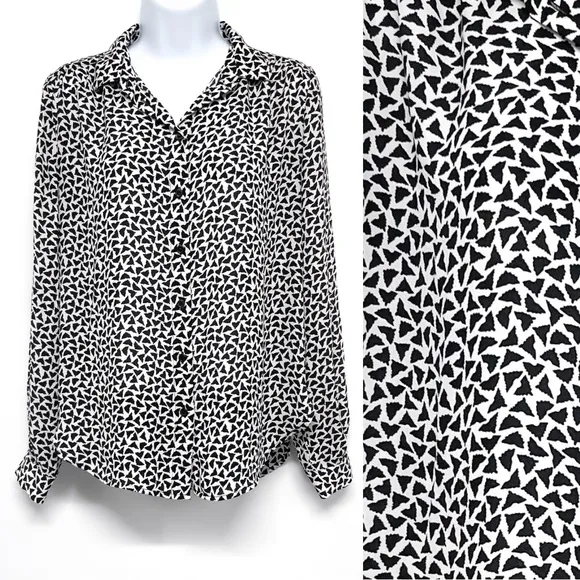 H&M Geometric Abstract Print Pattern Button Up Blouse Shirt Top Black White XS - Image 2