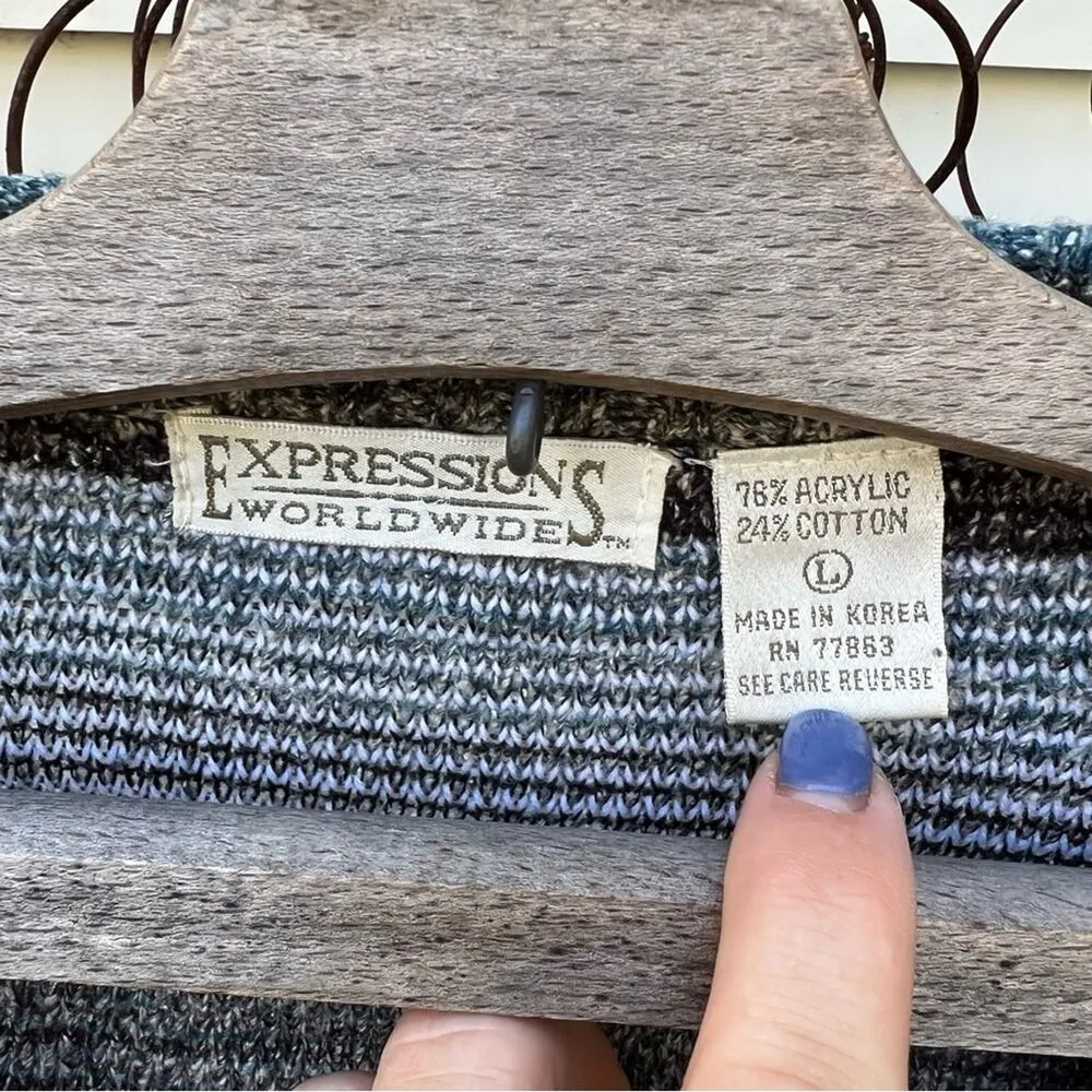 Vintage Expressions abstract mountains lakeside knit cardigan sweater Blue Size L - Image 4