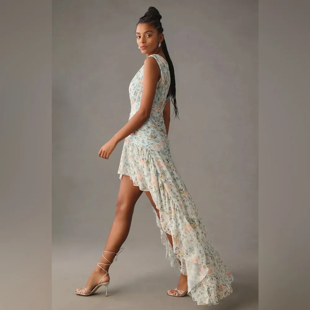 IEENA For MAC DUGGAL Floral Print Ruched Cap Sleeve High Low Gown 6 - Image 8