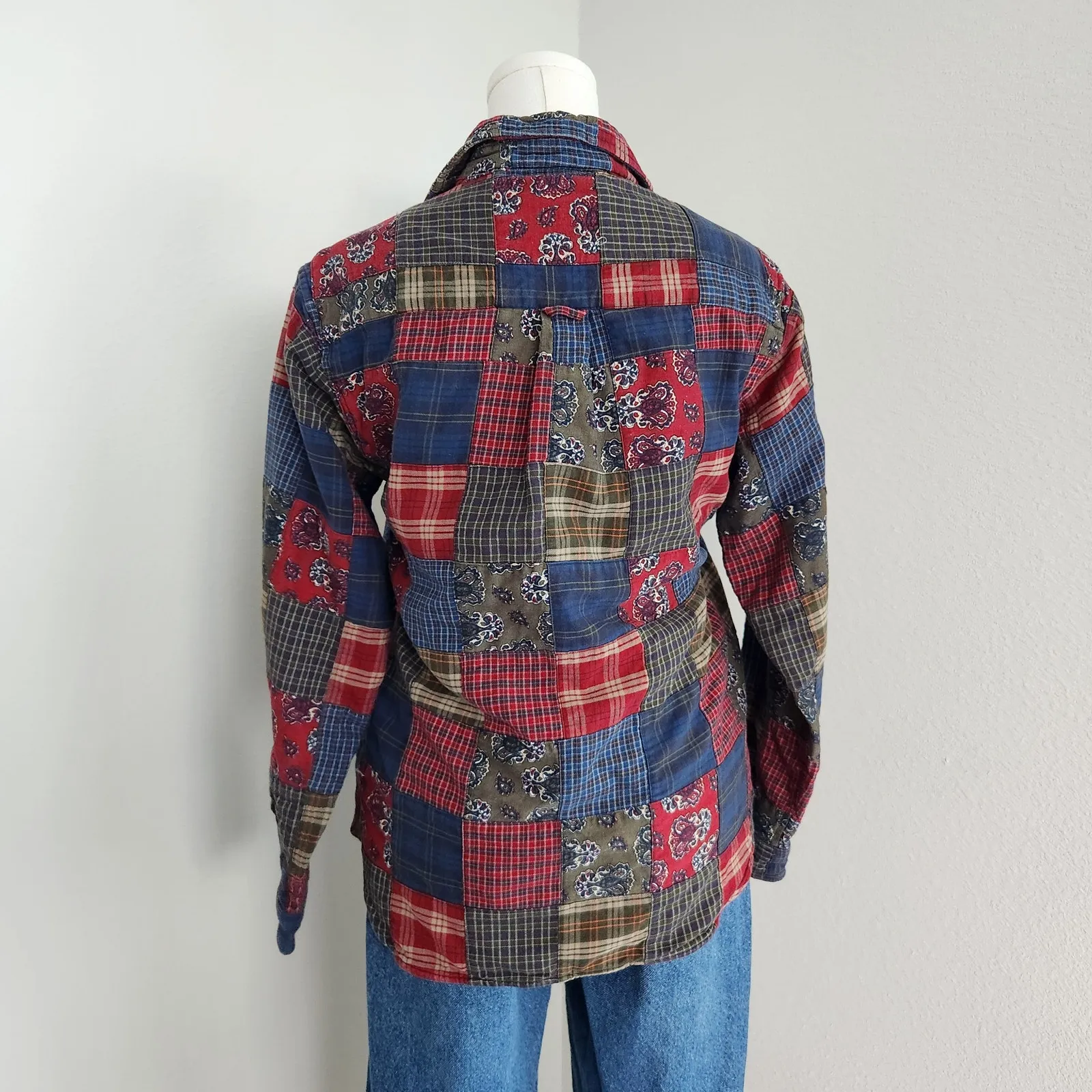 Vintage 90s Class Club Patchwork Plaid Bandana Print Cotton Button Down Shirt M Blue Size M - Image 6