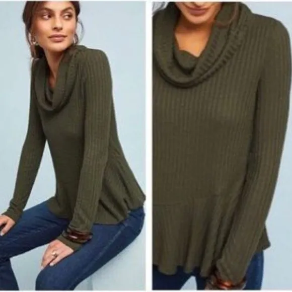 Maeve by Anthropologie Winterscape Olive Green Cowl Neck Peplum Sweater Top SZ S - Image 2