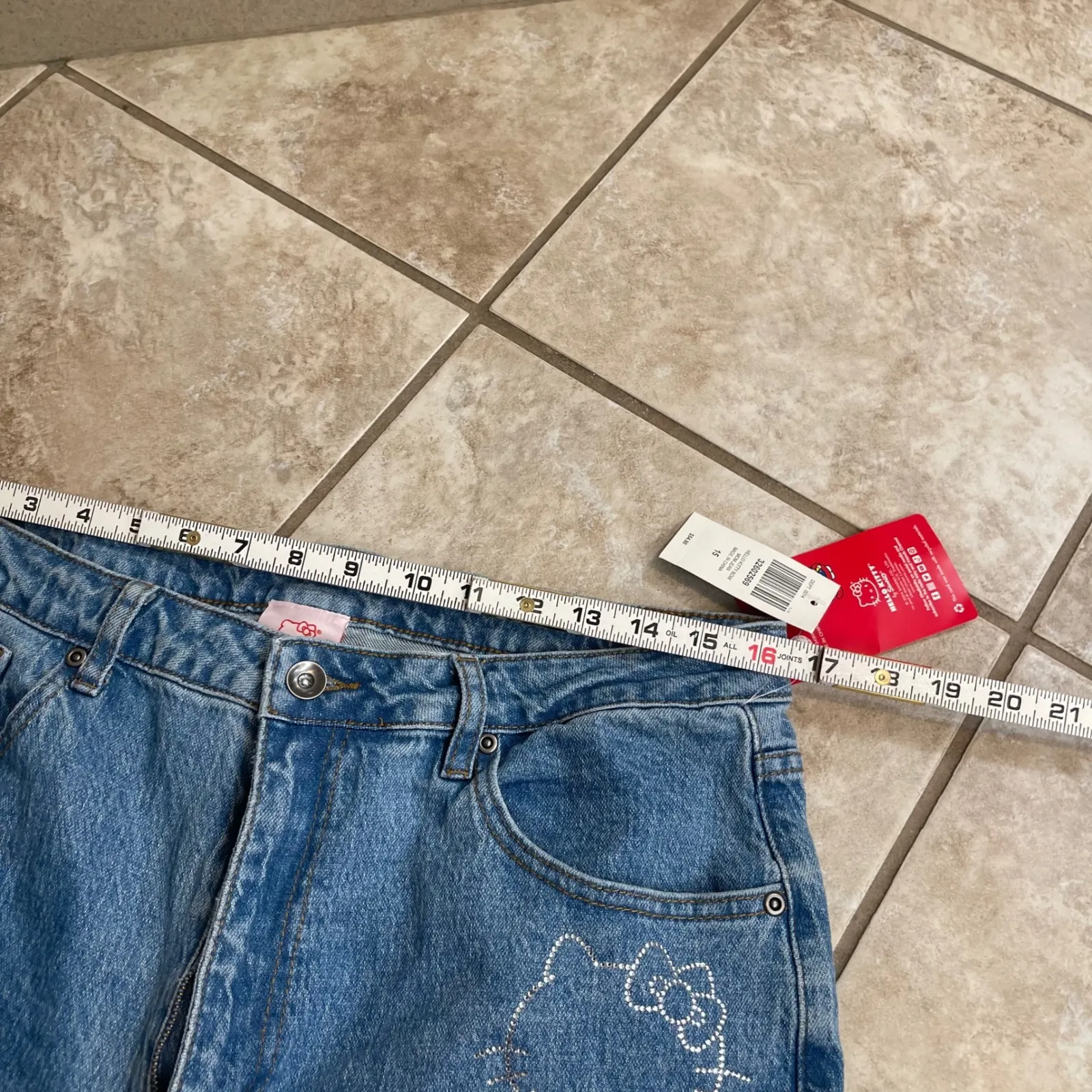 Hello Kitty Bow Denim Jeans Women's Size 15 Red Bow & Rhinestone NWT hot topic Blue - Image 7