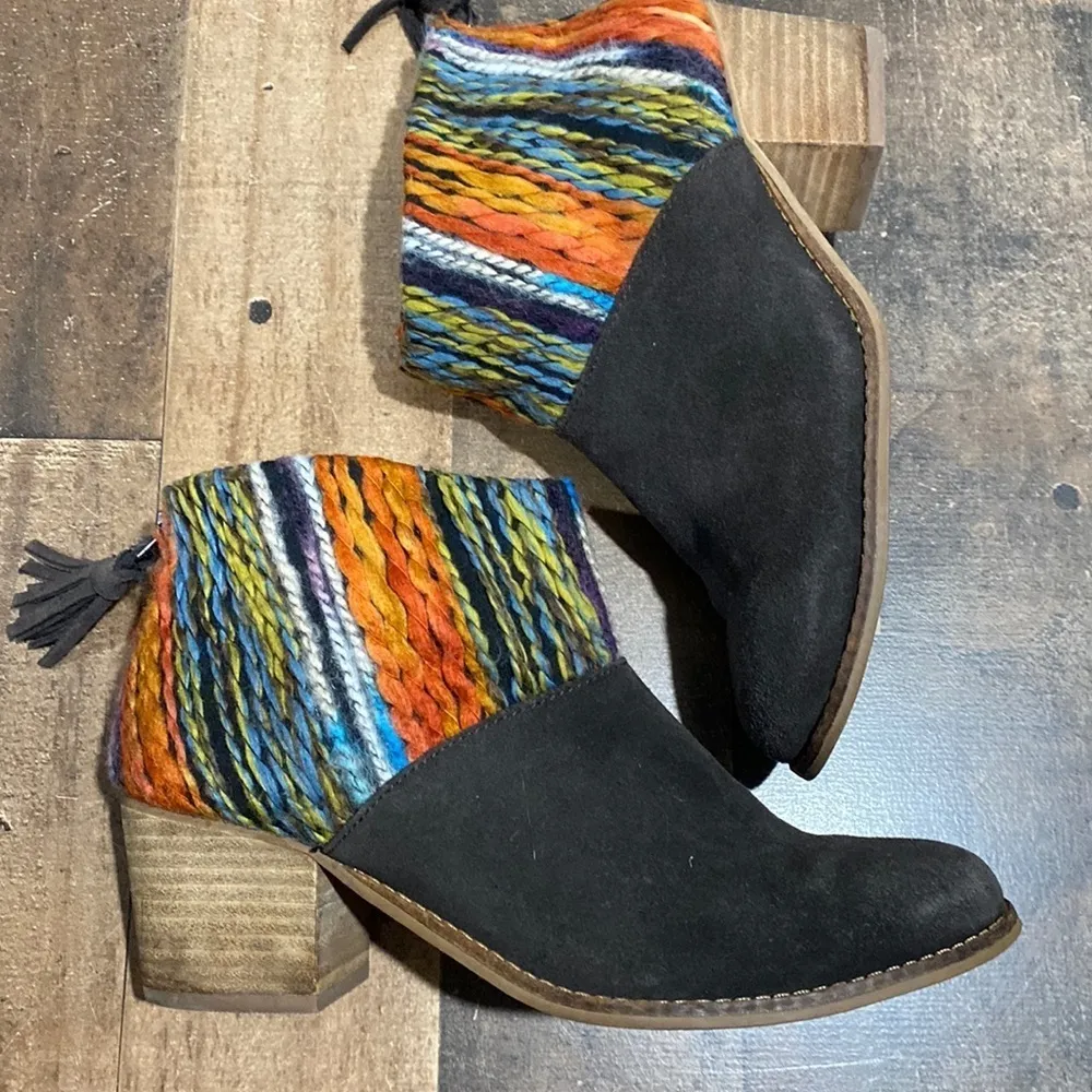Toms ankle boots booties yarn embellished boho 7.5 l brown‎ leather suede Leila - Image 2