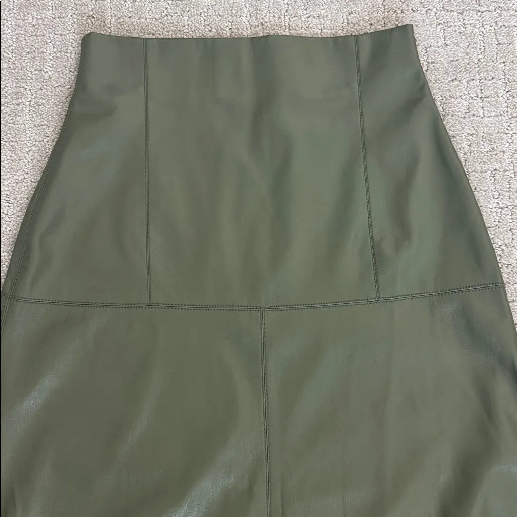 Zara Faux Leather Midi Skirt olive green patchwork flare a line long blogger - Image 8