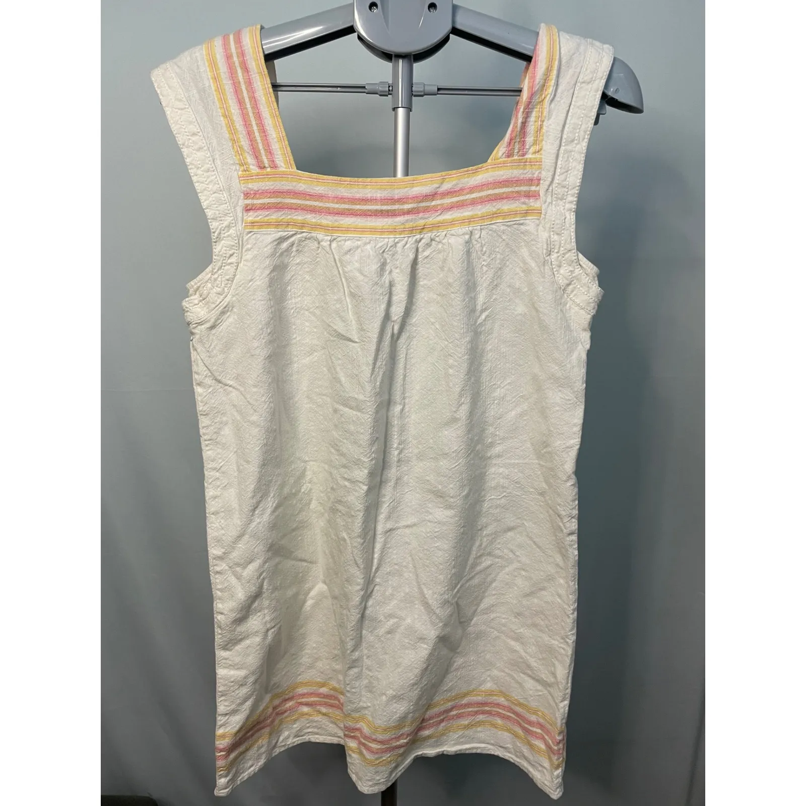 Faherty Organic Cotton Cream Dress Pink Yellow‎ Stripe Square Neck Pocket M - Image 4