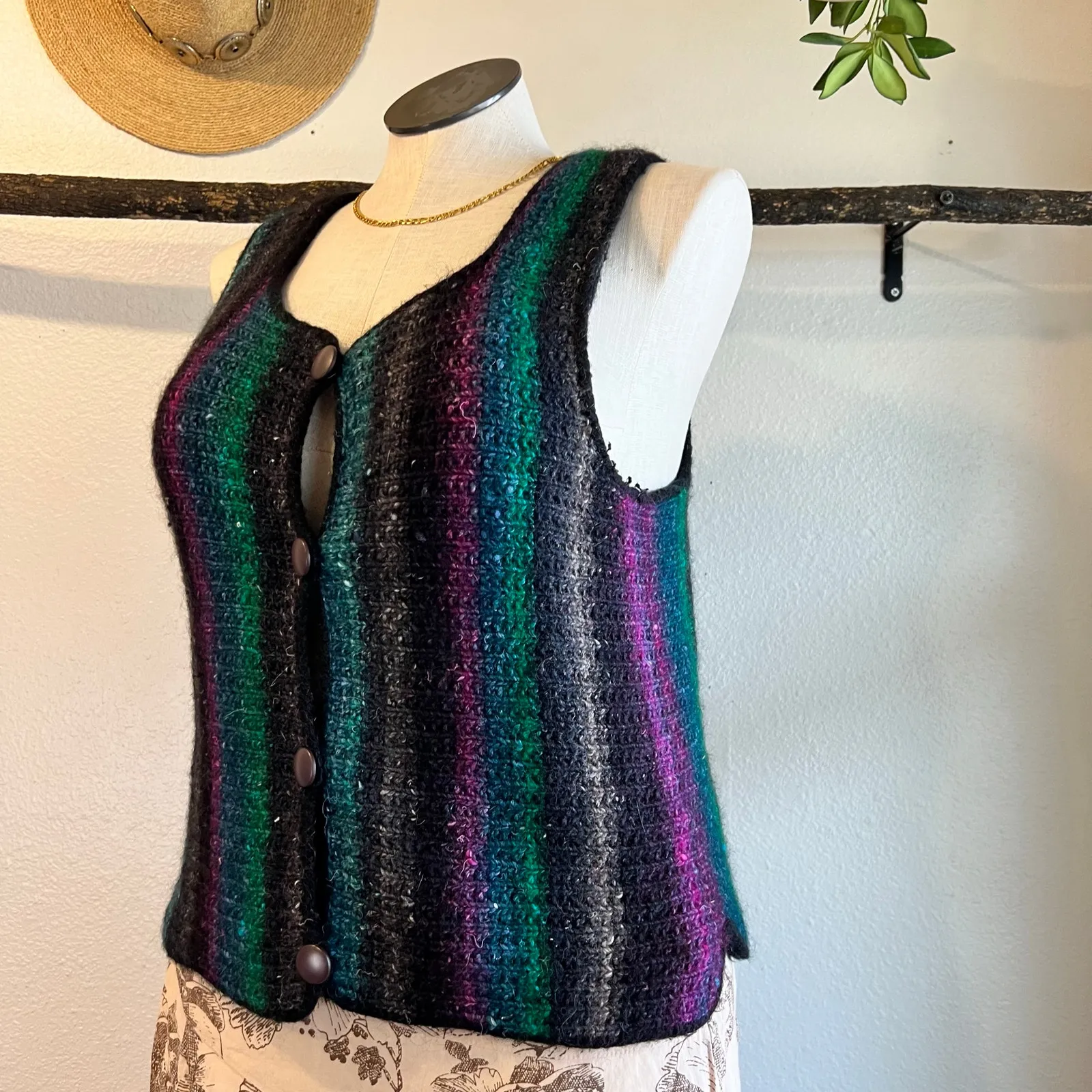 Handmade Wool Woven Rainbow Multi Colored Button Front Sweater Vest Size Large - Image 2