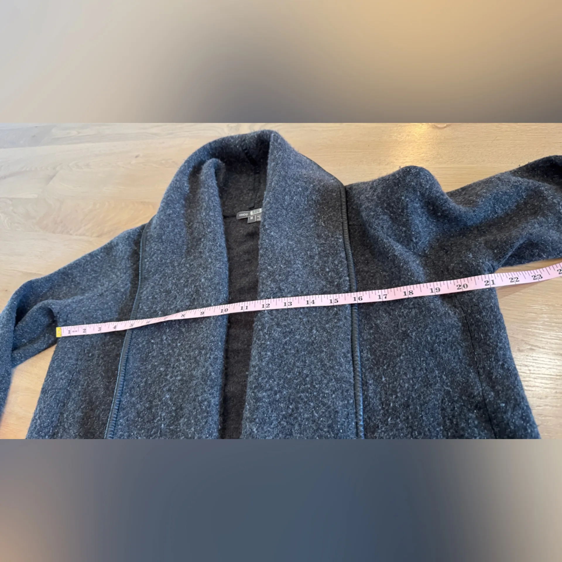 VINCE Open Front Yak & Wool Lambskin Leather-Trimmed Cardigan gray medium FLAWED - Image 7